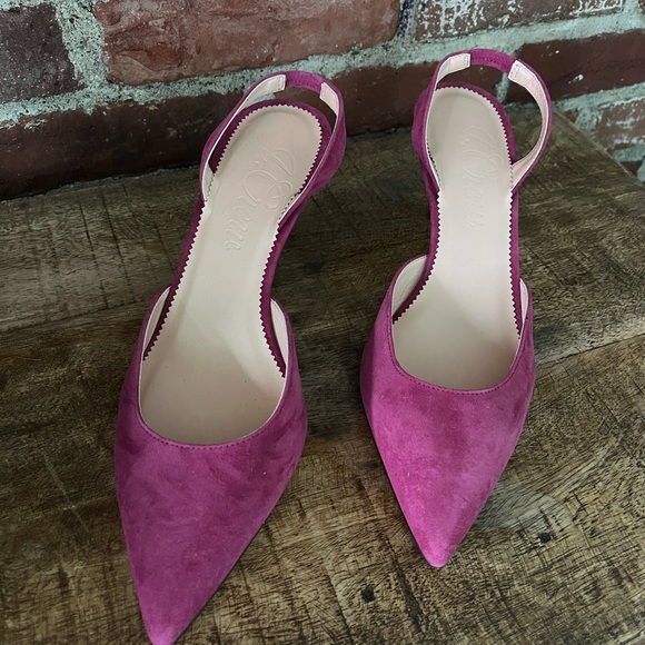 J.Crew kitty heel suede sling back Coulette pumps size 8 1/2 fresh berry nwt - Picture 1 of 5